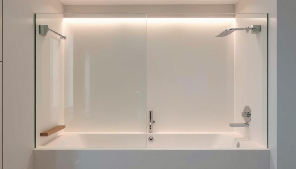 A sleek, custom-made shower enclosure for a modern bathtub, crafted with precision and elegance. The tempered glass panels seamlessly integrate with the bathtub, creating a cohesive, spa-like atmosphere. Soft, indirect lighting casts a warm glow, accentuating the clean lines and premium materials. The enclosure appears to float effortlessly, with minimalist hardware and frameless design, allowing the beauty of the glass to take center stage. The entire setup exudes a sense of luxury and attention to detail, perfectly complementing the high-quality bathtub and the contemporary bathroom design.