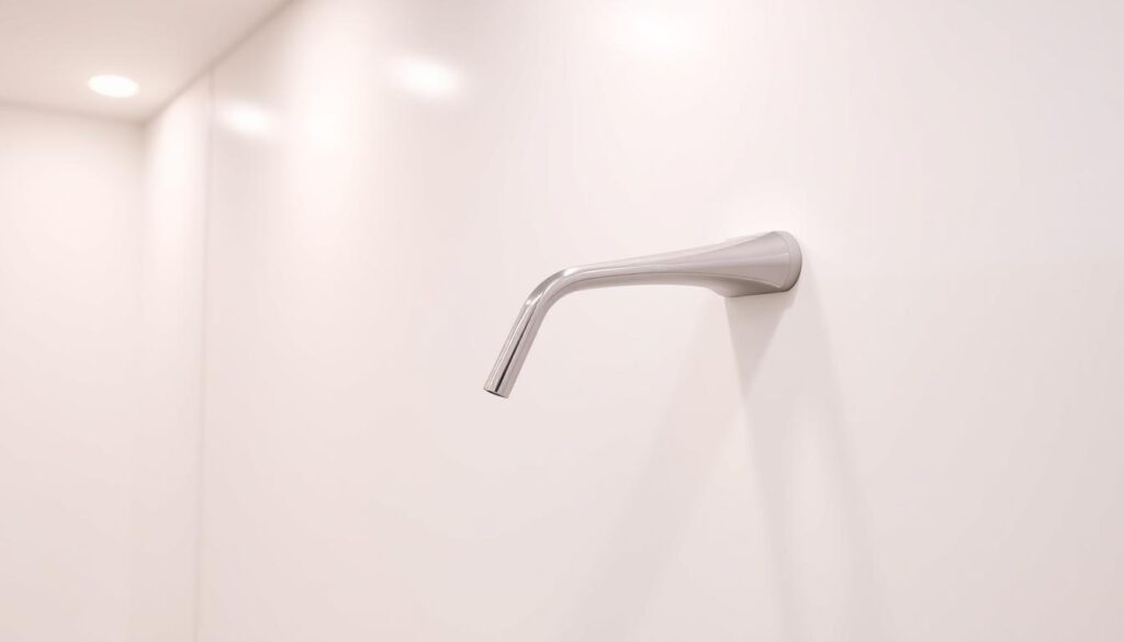 A sleek, elegant sliding door mechanism with a minimalist chrome-finished wand handle, mounted flush against a pristine white bathroom wall. The wand is gently curved, offering a smooth, ergonomic grip. Soft, diffused lighting from recessed fixtures casts a warm, inviting glow, highlighting the wand's polished surface and the seamless integration with the wall. The overall scene exudes a sense of refined, contemporary design - a functional yet aesthetically-pleasing solution for a modern bathroom.