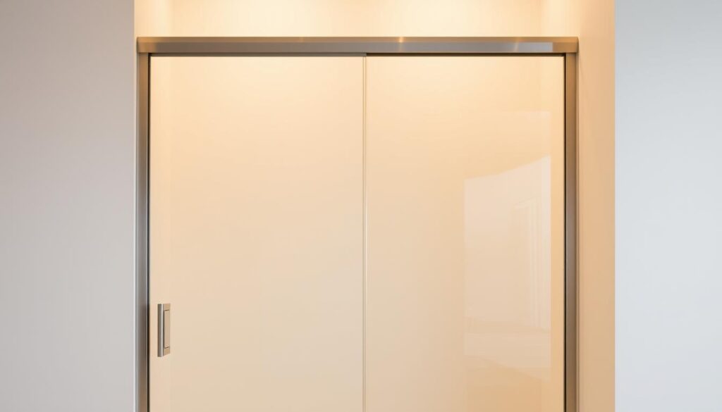 A sleek, frameless glass door in a modern, minimalist interior. The tempered glass panel is seamlessly integrated into a discreet, brushed metal frame, creating a clean, streamlined aesthetic. Precise engineering allows the door to glide effortlessly along a concealed track, showcasing the sophisticated sliding mechanism. Warm, indirect lighting casts a soft glow, highlighting the door's crystalline transparency and subtle reflections. Carefully positioned to draw the eye, the glass door serves as a functional yet visually striking architectural element, blending harmoniously with the surrounding decor.