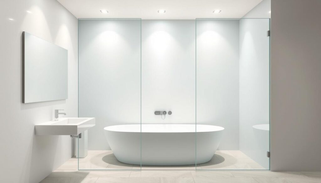 A sleek, frameless glass wall in a contemporary bathroom setting. The clear, tempered glass panels are seamlessly integrated, creating an illusion of boundless space and uninterrupted sightlines. Soft, diffused lighting from recessed fixtures gently illuminates the clean, minimalist design, casting a warm, inviting glow. The glass surface reflects the elegant tiles underfoot, blending the elements into a harmonious, spa-like ambiance. This versatile, customizable solution embodies the epitome of modern, high-quality bathroom design from Glastürhop24.