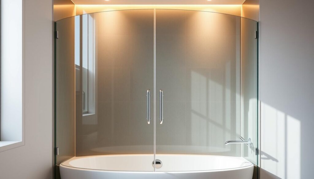 A sleek, frameless shower enclosure made of tempered safety glass, standing tall and elegant in a modern bathroom. The glass panels reflect the warm, diffused lighting from overhead, creating a sense of seamless, high-end sophistication. The curved, minimalist design offers a spacious and unobstructed entry, while the transparent material ensures a bright, airy ambiance. Subtle chrome hardware accents provide a polished, streamlined aesthetic, blending form and function effortlessly. This custom-fitted shower solution for a bathtub exemplifies the harmonious union of comfort, safety, and refined visual appeal.
