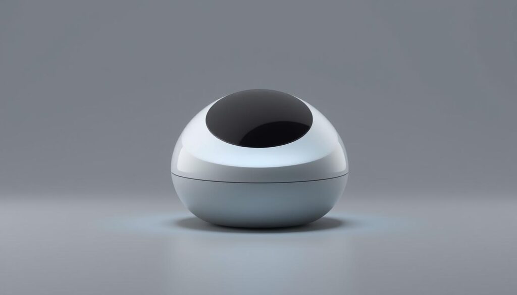A sleek, futuristic voice assistant in a minimalist, grey-scale color scheme. The device has a rounded, smooth design with a subtle, glowing interface panel. Soft, directional lighting creates a sense of depth and highlights the smooth, metallic surfaces. The overall impression is one of advanced technology, simplicity, and sophistication. The voice assistant is positioned prominently in the center of the frame, with a clean, uncluttered background that allows the device to be the focal point.