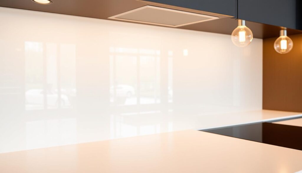 A sleek, glass backsplash in a modern kitchen, reflecting the warm glow of pendant lighting. The surface is smooth and seamless, effortlessly blending into the clean, minimalist design. A close-up view showcases the subtle texture and transparency of the material, highlighting its easy-to-clean and maintenance-free qualities. The backsplash appears to be securely mounted, with a flush, integrated installation that complements the kitchen's streamlined aesthetic. The overall scene conveys a sense of sophistication and functionality, perfectly suited for the "Einfache Montage und Pflege im Alltag" section of the article.