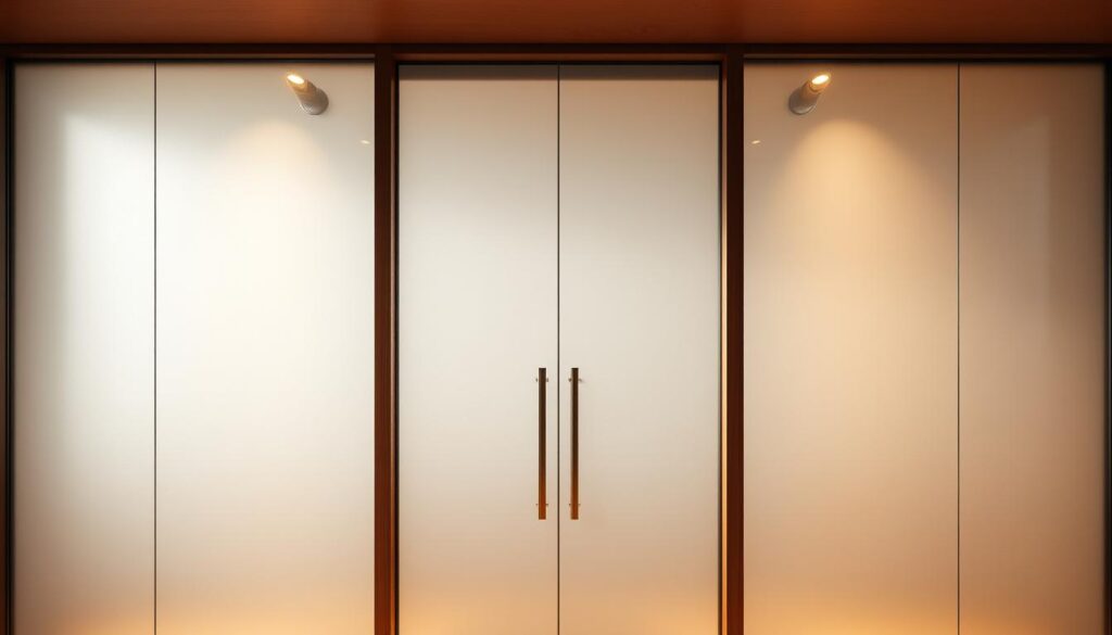 A sleek, minimalist glass door framed by a modern, clean-lined wooden or metal casing. The glass panels feature a delicate, etched pattern that diffuses the light, creating a soft, muted glow. The door is bathed in warm, directional lighting that casts gentle shadows, emphasizing the materiality and craftsmanship. The overall composition is balanced, with a harmonious interplay of transparency, texture, and architectural lines. The scene exudes a sense of refined elegance and understated sophistication, perfectly capturing the "Design- und Motiv-Auswahl: Von Klarglas bis Sandstrahl" theme.