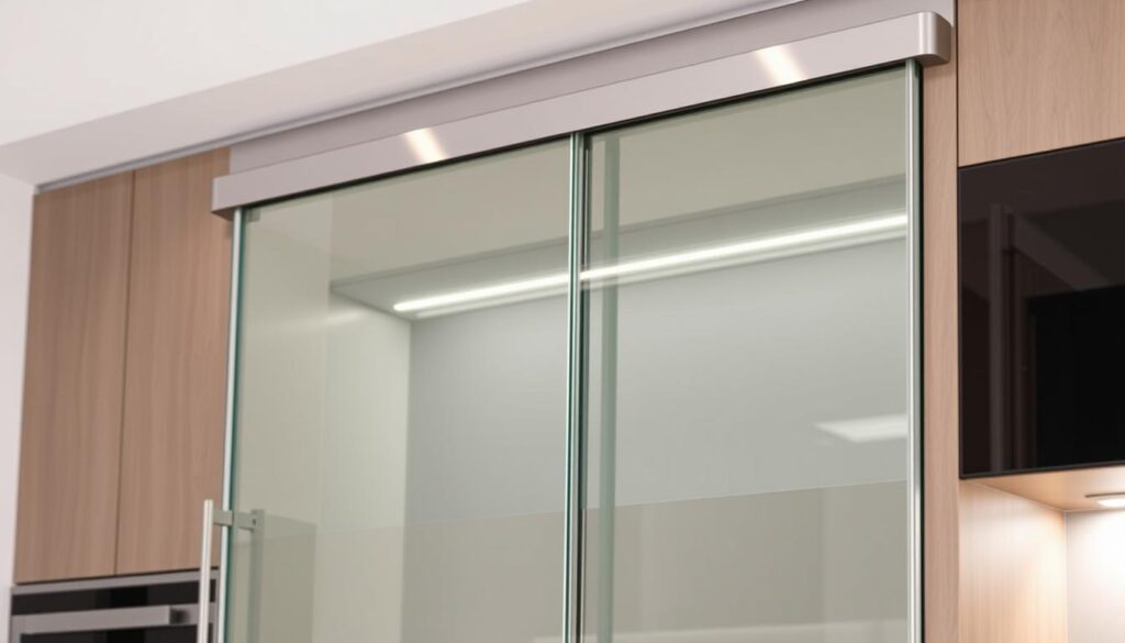 A sleek, minimalist glass sliding door system, its aluminum track a shining silver against a backdrop of modern kitchen cabinetry. The sliding mechanism glides effortlessly, powered by a smooth, quiet SoftClose feature. Subtle LED lighting illuminates the translucent glass panels, casting a warm glow throughout the space. The door's bottom is guided by a discreet, low-profile floor track, ensuring a seamless, flush transition. The entire assembly exudes a sense of understated elegance, perfectly suited for a contemporary kitchen design.