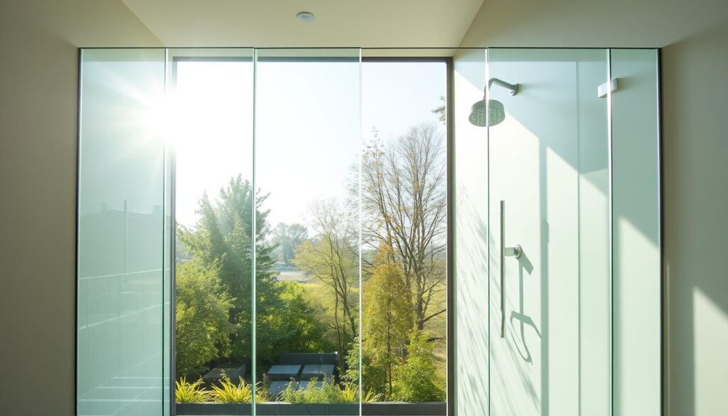 A sleek, minimalist glass wall stands tall, its seamless panels reflecting the surrounding space. Sunlight pours in, casting a warm, inviting glow on the scene. The glass is thick and tempered, offering both style and safety. The frameless design creates a sense of openness, blurring the lines between indoor and outdoor. The glass panels are expertly engineered, with precision-cut edges and a flawless finish. This elegant, U-shaped configuration provides a flexible, customizable solution for modern bathrooms and showers, allowing for a truly unique and personalized space.