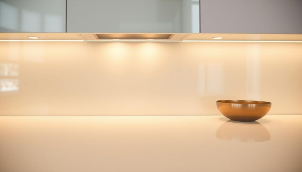 A sleek, minimalist kitchen backsplash made of tempered glass, reflecting the warm glow of the ambient lighting. The surface is smooth and seamless, with a subtle satin finish that catches the light beautifully. The glass has been carefully treated to create a distinctive, uniform appearance, free of any visible imperfections or distortions. The overall effect is one of modern sophistication and timeless elegance, perfectly complementing the clean lines and contemporary design of the kitchen. A versatile and durable choice, this glass backsplash offers a range of customization options to suit any personal style or color scheme.
