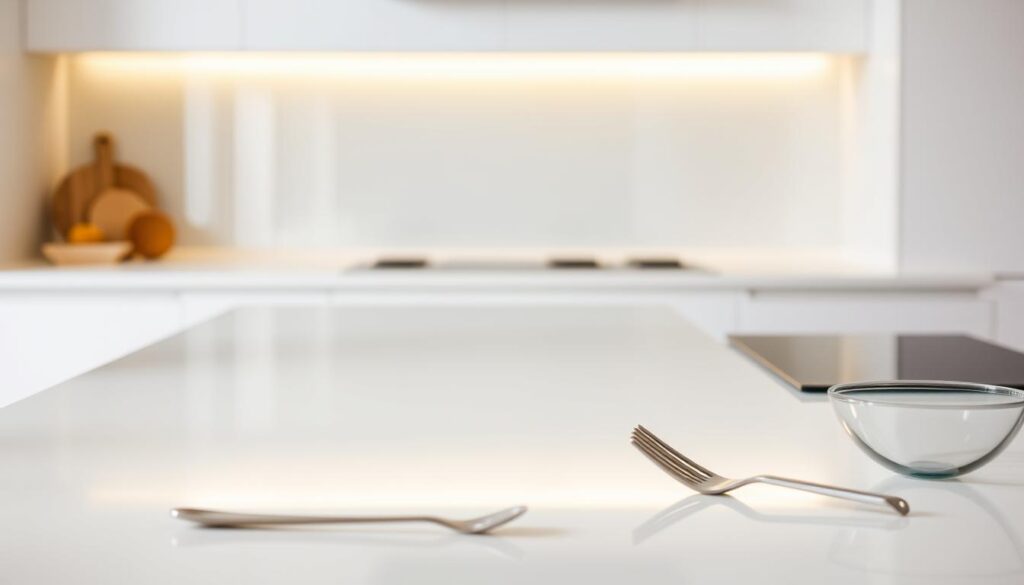 A sleek, minimalist kitchen counter with a glossy glass backsplash reflecting the soft, diffused light from overhead. The surface is meticulously clean, with no visible smudges or fingerprints, showcasing the effortless maintenance of the glass panel. In the foreground, a few simple kitchen utensils are neatly arranged, conveying a sense of order and functionality. The background fades into a subtly blurred, neutral-toned environment, allowing the focal point of the glass backsplash to take center stage. The overall scene radiates a modern, sophisticated atmosphere, highlighting the practical and aesthetic benefits of a custom-made glass backsplash.