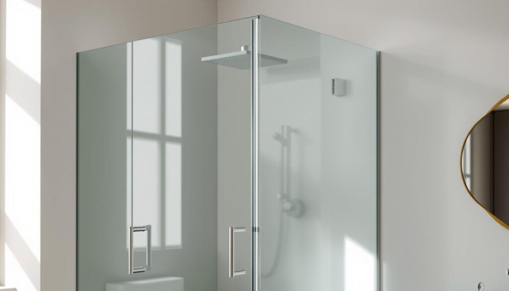 A sleek, minimalist shower door made of high-quality, 6-8 mm tempered glass stands in a well-lit, modern bathroom. The glass panels are seamlessly integrated with premium metal fittings, creating a visually striking and durable solution. Soft, directional lighting from above highlights the clarity and elegance of the glass, casting subtle shadows that accentuate the clean lines. The overall scene conveys a sense of timeless sophistication and attention to detail, perfectly suited for a high-end bathroom design.