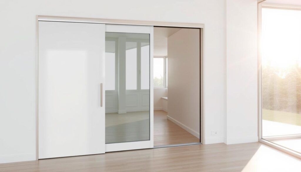 A sleek, minimalist white sliding door system sits in a bright, airy room. The door panels are constructed with high-quality tempered glass, creating a seamless, modern aesthetic. Sunlight streams through large windows, casting a warm glow on the polished aluminum track and hardware. The door effortlessly glides along the track, showcasing its smooth, quiet operation. The installation is complete, with all necessary components - the frame, panels, and fittings - neatly assembled. This comprehensive "Schiebetür Komplettset" offers a turn-key solution for a clean, sophisticated look that enhances the spaciousness of the space.