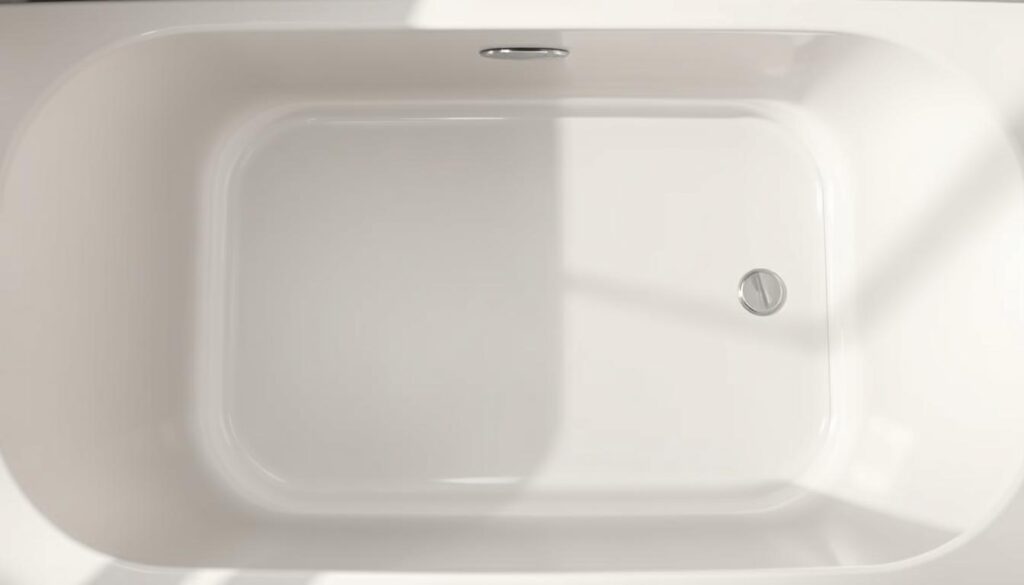 A sleek, modern 2-piece bathtub insert, made of high-quality, durable materials. The insert seamlessly fits the contours of the bathtub, creating a cohesive, integrated look. Detailed with clean, minimalist lines and a subtle, matte finish that complements a variety of bathroom styles. Professionally engineered for easy installation, ensuring a secure, watertight fit. Thoughtfully designed to maximize functionality, offering a practical solution for upgrading the bathing experience. Bathed in soft, directional lighting that highlights the refined silhouette and premium craftsmanship. Captured from a low, slightly angled perspective to showcase the insert's elegant profile and blend with the surrounding bathroom environment.