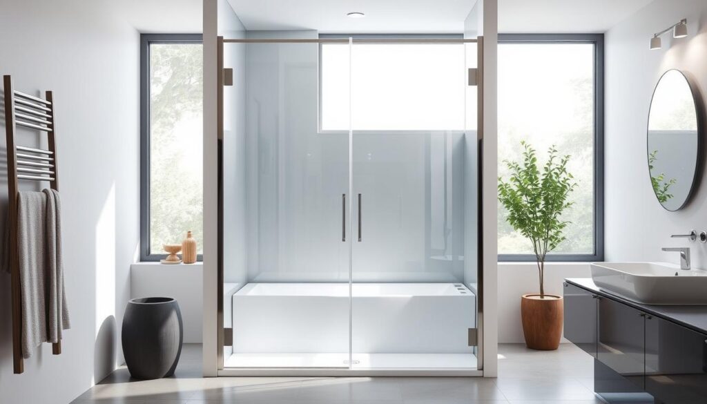 A sleek, modern 90x90 cm shower enclosure stands in a bright, airy bathroom. Frameless glass panels reflect the natural light filtering in through large windows, creating a sense of openness and spaciousness. The minimalist design features clean lines and a seamless, unobtrusive silhouette that blends harmoniously with the contemporary decor. Polished chrome fittings and hardware lend a touch of understated elegance, while the glass surfaces are free of any visible seams or hinges, creating a cohesive, streamlined appearance. The shower area is well-lit from above, with soft, diffused illumination that enhances the luxurious ambiance. The overall atmosphere evokes a serene, spa-like retreat, perfectly suited for a modern, wellness-focused lifestyle.