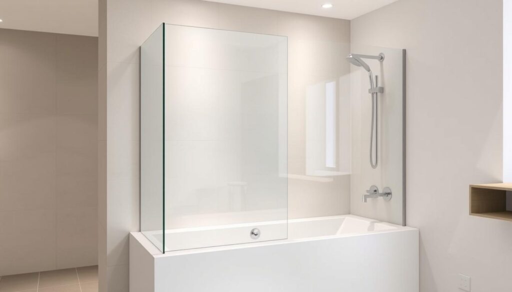 A sleek, modern Badewannenaufsatz (bathtub enclosure) with a frameless glass panel, reflecting the contemporary and minimalist design aesthetic. The enclosure is mounted securely onto the bathtub without any visible screws or brackets, creating a seamless and streamlined look. Soft, indirect lighting illuminates the scene, highlighting the transparency and clarity of the glass. The Badewannenaufsatz is positioned in a spacious, well-appointed bathroom with neutral-toned tiles and fixtures, allowing the enclosure to take center stage. The overall atmosphere conveys a sense of luxurious simplicity and effortless functionality, perfectly suited for the modern homeowner.