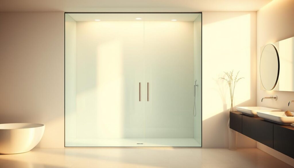 A sleek, modern bathroom interior with a large, glass shower enclosure taking center stage. The shower walls are made of thick, tempered glass panels in a minimalist, frameless design, showcasing their clean lines and elegant simplicity. The glass panels seamlessly integrate with the bathroom's minimalist aesthetic, creating a sense of openness and light. The shower enclosure is available in a range of customizable sizes, from standard to bespoke measurements, allowing it to be tailored to fit any bathroom layout. The scene is bathed in warm, directional lighting that casts subtle shadows, highlighting the glass's smooth, reflective surfaces. The overall mood is one of sophistication, functionality, and attention to detail.