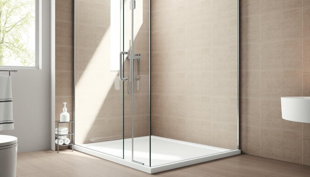 A sleek, modern bathroom setting featuring a glass shower enclosure with a built-in shower tray. The glass panels have a clean, minimalist design, allowing the natural light to pour in and create a bright, airy atmosphere. The shower tray is integrated seamlessly into the floor, creating a seamless, streamlined look. The surrounding tiles are a neutral, earthy tone, complementing the glass and metal fixtures. Soft, diffused lighting illuminates the scene, highlighting the high-quality materials and attention to detail. The overall impression is one of sophisticated elegance and functionality, perfectly capturing the essence of a "Preis inkl. Duschwanne" solution for the bathroom.