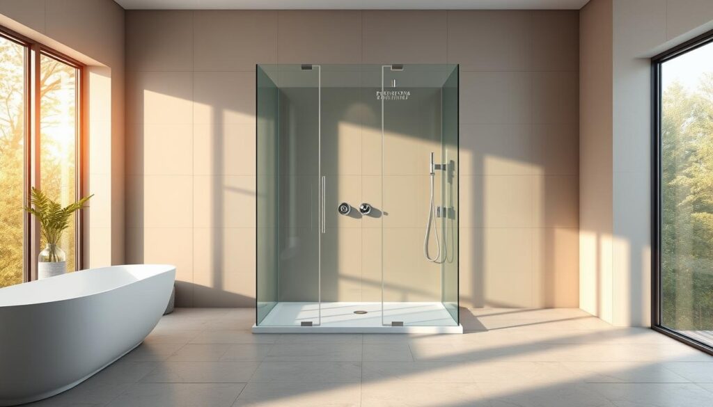 A sleek, modern bathroom showcasing a free-standing, complete shower solution. The centerpiece is a spacious, frameless glass enclosure with seamless, minimalist design. Warm, natural lighting filters through large windows, creating a serene, spa-like ambiance. The shower features high-end fixtures and fittings, offering both style and functionality. The entire ensemble is positioned on a neutral-toned, textured tile floor, complemented by understated, elegant wall panels. The room conveys a harmonious, bespoke blend of form and function, creating a luxurious, personalized bathing experience.