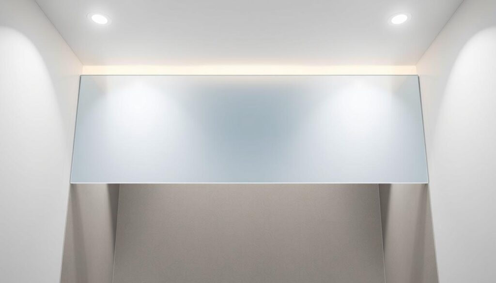 A sleek, modern duschrückwand made of high-quality, water-resistant acrylic plastic. The surface is smooth and seamless, with a subtle sheen that reflects the room's lighting. The translucent material allows for a sense of openness, while still providing privacy. Crisp, clean lines and a minimalist design create a sophisticated, spa-like ambiance. Soft, even illumination from recessed ceiling lights casts a warm, soothing glow across the surface. The duschrückwand is flush-mounted, creating a flush, built-in appearance that integrates seamlessly with the bathroom's decor. Subtle, textured accents add visual interest and a high-end, bespoke feel. The result is a hygienic, low-maintenance, and thoroughly modern duschrückwand that elevates the entire bathroom experience.