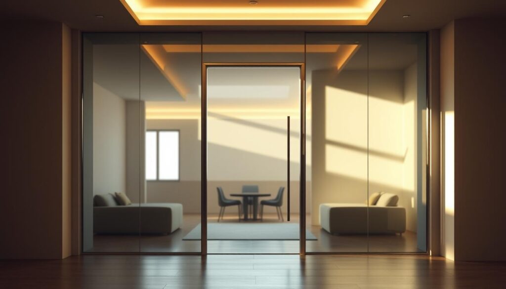 A sleek, modern ganzglastür (full-glass door) takes center stage, its seamless glass panels reflecting the warm, diffused lighting of an elegant interior. The door's frameless design creates an illusion of weightlessness, allowing an unobstructed view into the adjacent room. Soft shadows cast by the angled lighting accentuate the door's crisp, minimalist lines, while the high-quality, tempered glass surface appears flawlessly smooth and polished. The ganzglastür is strategically positioned to draw the eye, serving as a focal point that effortlessly blends function and form, perfectly encapsulating the essence of "Top-Auswahl beliebter Ganzglastüren" (Top selection of popular full-glass doors).