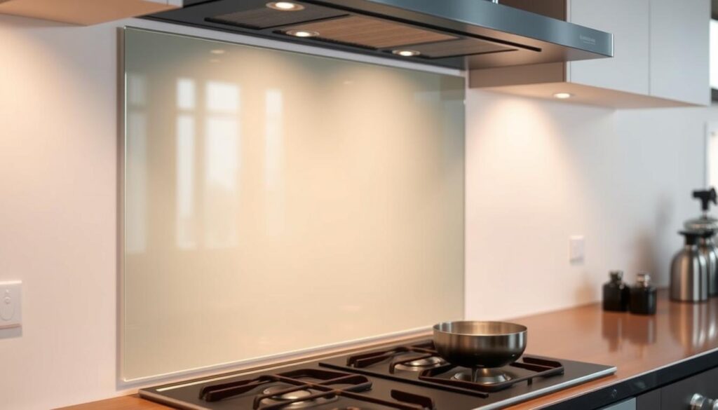 A sleek, modern glass backsplash is installed on a kitchen wall, its surface reflecting the warm, diffused lighting. The glass panel is mounted flush against the wall, with no visible screws or brackets, creating a seamless, minimalist aesthetic. The tempered glass has a subtle, frosted appearance, providing a stylish and functional barrier against splashes and splatters during cooking. The installation process is intuitive, requiring only a simple adhesive application, allowing for effortless DIY setup without the need for complex wall drilling. The resulting image showcases the elegant, hassle-free integration of this glass backsplash solution, perfectly complementing the contemporary kitchen design.