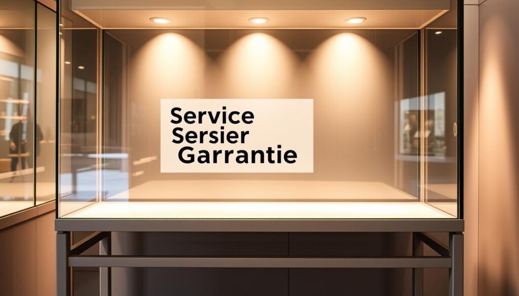 A sleek, modern glass display case with a prominent "Service Versand Garantie" label prominently featured on the front panel. The case is illuminated from within, casting a warm, inviting glow. The glass is spotlessly clean, reflecting the surrounding environment. The case stands on a sturdy, minimalist metal frame in a neutral tone, complementing the glass. The lighting creates interesting shadows and highlights, drawing the viewer's attention to the key details. The overall impression is one of quality, reliability, and attention to detail - reflecting the high standards of Glastuerhop24's service and delivery.