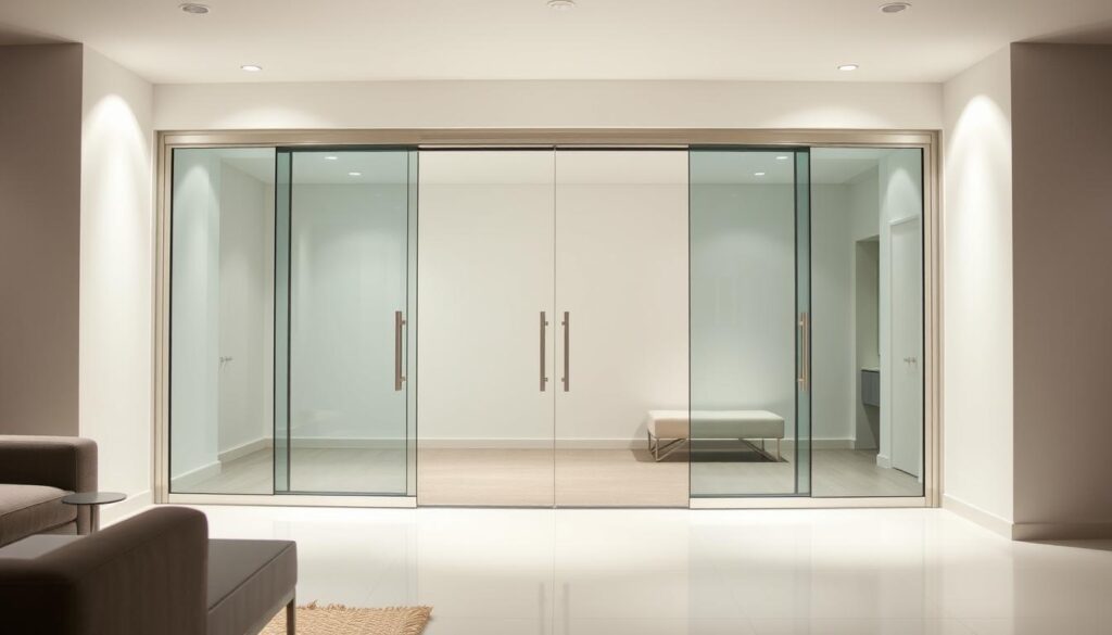 A sleek, modern glass door configuration displayed in a well-lit, minimalist showroom setting. The frameless glass panels glide effortlessly, showcasing their seamless integration and high-quality craftsmanship. Soft, directional lighting accentuates the transparent surfaces, creating a sense of openness and elegance. The room's neutral color palette and clean lines provide a sophisticated backdrop, allowing the customizable glass doors to take center stage. Customers can envision the design possibilities, imagining how these versatile, high-performance doors would enhance their living spaces.