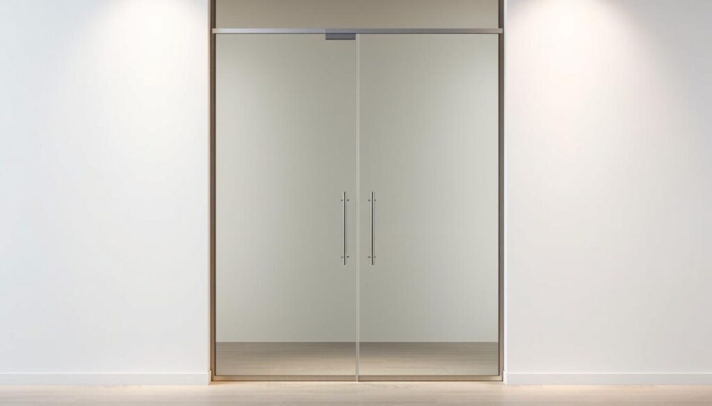A sleek, modern glass door frame in a minimalist, contemporary design. The zarge, or frame, is crafted from high-quality, durable materials that are easy to clean and maintain. The smooth, seamless lines create a striking, streamlined aesthetic, perfectly complementing the transparent glass pane. Soft, diffused lighting illuminates the scene, casting a warm, inviting glow. The frame is positioned in a well-lit, airy setting, showcasing its hygiene and stability. The overall impression is one of sophistication, functionality, and timeless style - an elegant solution for modern glass doors.