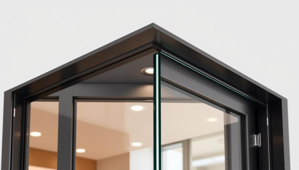 A sleek, modern glass door seamlessly integrated with its sturdy, precision-engineered frame. The tempered glass panel, framed by a minimalist, aluminum-clad surround, radiates a sense of elegant simplicity. Crisp lines and a refined silhouette create a harmonious, high-quality aesthetic. Subtle reflections dance across the glass surface, hinting at the thoughtful attention to detail in the craftsmanship. Recessed lighting casts a warm, even glow, highlighting the premium materials and flawless fit. This visually striking, yet highly functional entryway embodies the perfect balance of form and function, creating a striking focal point within the space.