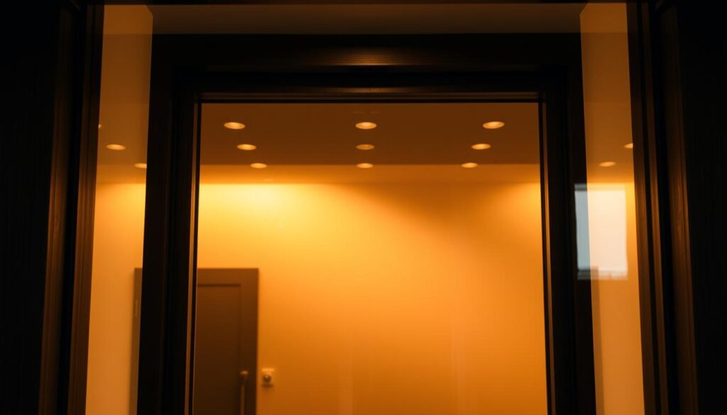 A sleek, modern glass door set in a wooden frame, backlit by warm, diffused lighting that creates a welcoming glow. The door's surface is flawlessly smooth, reflecting the surroundings in a subtle, distorted manner. The frame is crafted from rich, dark-stained wood, complementing the transparency of the glass panel. The scene conveys a sense of high-end, minimalist design, inviting the viewer to step through the entryway into a space of refined elegance.