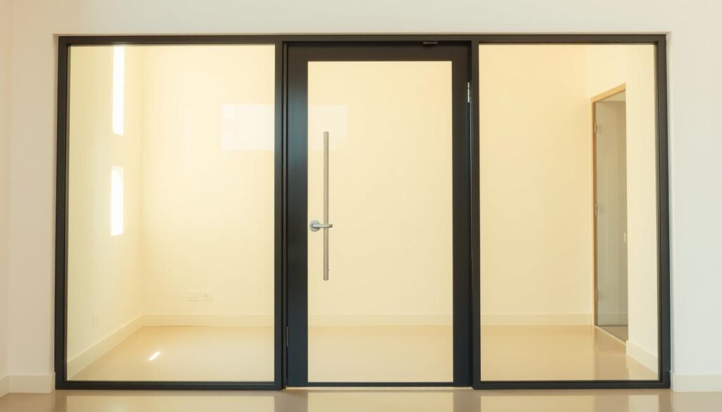 A sleek, modern glass door with a clean, minimalist design. The door is made of tempered glass panels that allow natural light to flood the space, creating a bright and airy atmosphere. The glass is framed in a slim, matte black metal frame that complements the contemporary aesthetic. The door is positioned in a bright, well-lit room, with the glass reflecting the surrounding environment and creating a sense of depth and spaciousness. The lighting is warm and diffused, casting a soft glow on the glass surface and highlighting its clarity and transparency. The door serves as a focal point, seamlessly integrating into the overall design and elevating the space with its sleek, high-quality appearance.