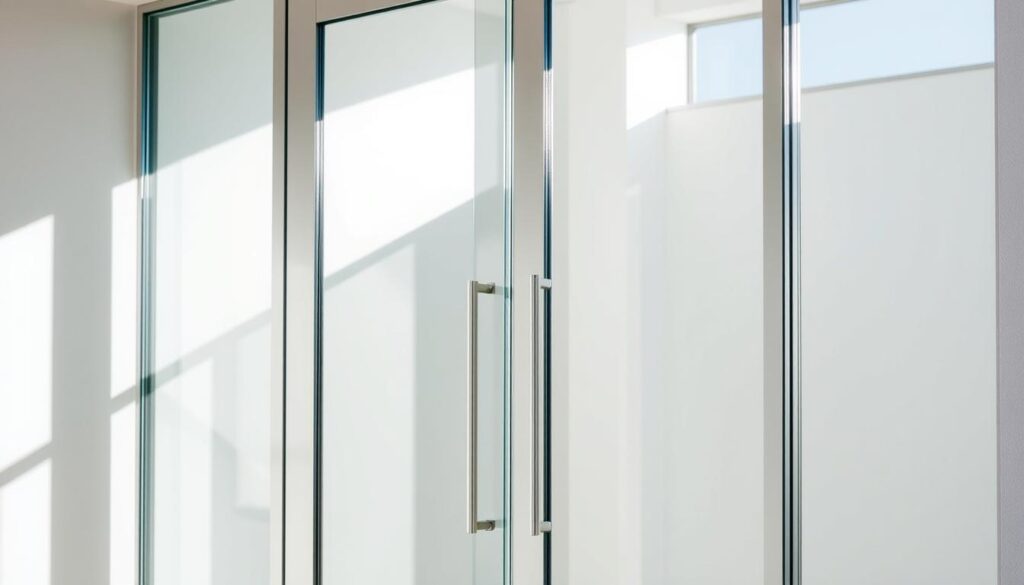 A sleek, modern glass door with a minimalist frame, showcasing the beauty of the transparent material. The door stands tall, allowing natural light to flow through, creating a bright and airy atmosphere. The glass panels are seamlessly integrated into the sturdy frame, with clean lines and a harmonious design. Sunlight casts soft shadows, highlighting the smooth texture and lustrous finish of the glass. The door's proportions are precisely measured, ensuring a perfect fit within the surrounding architecture. The overall impression is one of elegance, simplicity, and functional beauty, perfectly suited for the "Maß, Format und Glas: So konfigurieren Sie Ihre Glastür" section of the article.