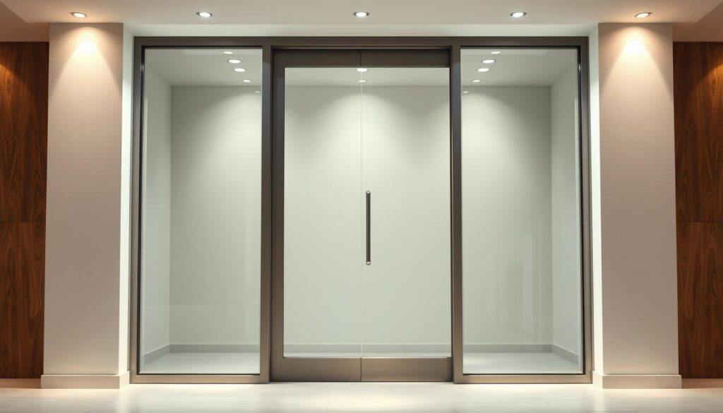 A sleek, modern glass door with a sturdy metal frame, set against a backdrop of a well-lit, minimalist interior. The door's tempered glass panels glimmer with a subtle sheen, creating a sense of transparency and openness. The metal frame, in a muted tone, seamlessly blends with the overall aesthetic, giving the entrance a clean, refined look. Soft, diffused lighting from concealed sources illuminates the space, casting a warm glow and highlighting the door's elegant simplicity. The entire scene conveys a sense of sophistication and functionality, perfectly suited for a new construction or renovation project.