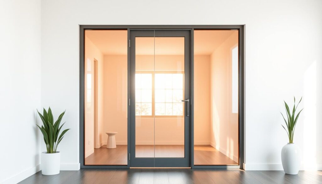 A sleek, modern glass door with a sturdy metal frame stands in a bright, airy room. The glass panels are seamlessly integrated, creating a minimalist and elegant appearance. Warm, natural light filters through the transparent surface, illuminating the space and casting a soft glow. The door's design features clean lines and a subtle, neutral color palette, blending effortlessly with the surrounding decor. The frame is made of high-quality, durable materials, ensuring both strength and visual appeal. The door's smooth operation and precise fit showcase the attention to detail and craftsmanship. This ganzglastür solution embodies the perfect balance of form and function, offering a versatile and visually stunning addition to any modern living space.
