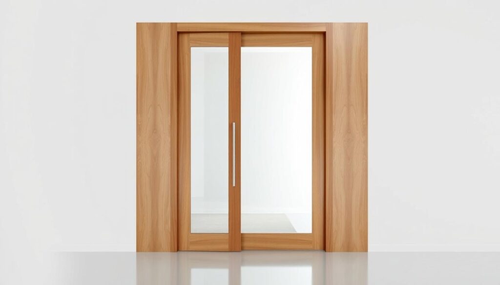 A sleek, modern glass interior door with a clean, minimalist design. The door is framed in a warm, natural wood that complements the transparent glass panels. The glass is seamlessly integrated, allowing natural light to flow through and creating a sense of openness and airiness. The door is set in a stark, white wall, highlighting its elegant simplicity. Soft, directional lighting casts a gentle glow, accentuating the depth and clarity of the glass. The overall atmosphere is one of refined sophistication and understated luxury, perfectly suited for a high-end residential or commercial space.