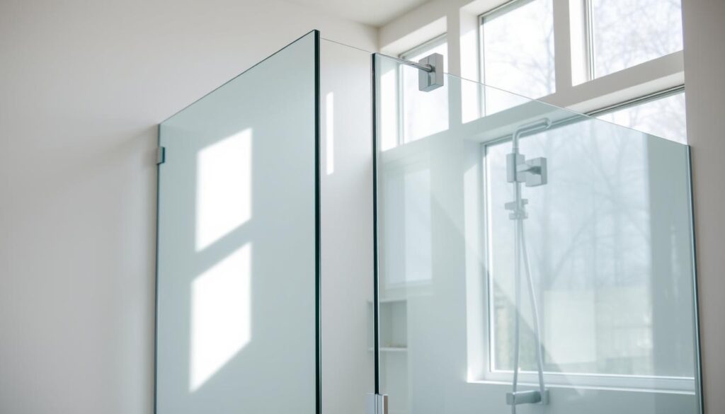 A sleek, modern glass shower door in a minimalist bathroom, capturing the essence of contemporary design. The tempered glass panel reflects the natural light pouring in from large windows, creating a serene and airy atmosphere. The chrome hardware accents add a touch of sophistication, seamlessly blending form and function. The door's clean lines and frameless construction give the illusion of an open, spacious shower area, perfectly suited for a luxurious yet practical bathroom experience. Captured from a slightly elevated angle, the image showcases the thoughtful attention to detail and the high-quality craftsmanship that defines this bespoke shower door solution.