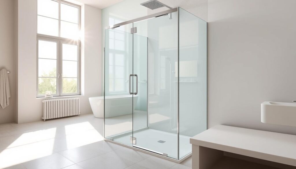 A sleek, modern glass shower door in a spacious, well-lit bathroom. The door is made of crystal-clear tempered glass, with a minimalist, frameless design that seamlessly blends with the surrounding tiles. The door is suspended on sturdy, chrome-plated hinges, allowing for smooth, effortless opening and closing. Bright natural light streams in through large windows, casting a warm, inviting glow on the glass surface. The bathroom's layout is clean and minimalistic, with a focus on high-quality, durable materials that create a sense of luxury and relaxation. The overall atmosphere is one of refined sophistication and attention to detail, perfectly suited for the "Maße, Varianten und Konfiguration" section of the article.