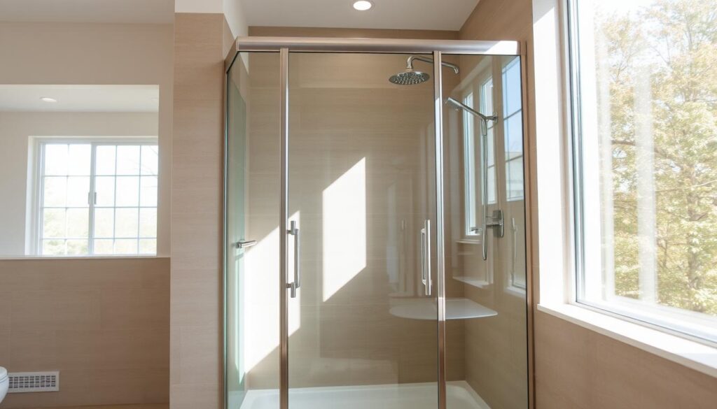 A sleek, modern glass shower door stands in a well-lit bathroom, reflecting the space around it. The door is made of tempered, shatterproof glass with a brushed metal frame, providing a seamless and minimalist look. The door is slightly ajar, hinting at the spacious shower area beyond. Bright, natural light streams in from large windows, creating a warm and inviting atmosphere. The bathroom tiles are a neutral, earthy tone, complementing the glass door and creating a cohesive, high-end aesthetic. The overall scene conveys a sense of luxury, functionality, and attention to detail - a perfect showcase for the versatility and benefits of a glass shower door.