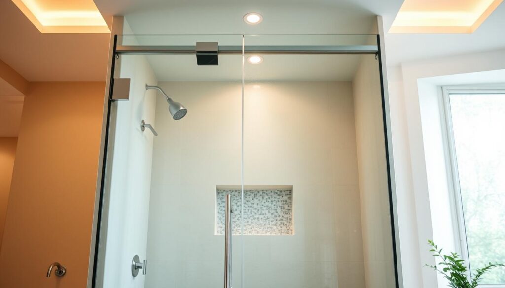 A sleek, modern glass shower door with a minimalist, frameless design stands in a bright, spacious bathroom. The door is made of high-quality, tempered glass that sparkles under the warm, diffused lighting from recessed fixtures in the ceiling. The door's hinges and hardware are crafted from polished chrome, creating a clean, cohesive look. The door seamlessly integrates with the surrounding tile work, blending into the serene, spa-like atmosphere. A soft, natural light filters in through large windows, illuminating the luxurious space and casting a warm glow on the glass surface. The door's simple, elegant silhouette reflects the overall aesthetic of the carefully curated bathroom, offering a beautiful and functional centerpiece. A sleek, modern glass shower door with a minimalist, frameless design stands in a bright, spacious bathroom. The door is made of high-quality, tempered glass that sparkles under the warm, diffused lighting from recessed fixtures in the ceiling. The door's hinges and hardware are crafted from polished chrome, creating a clean, cohesive look. The door seamlessly integrates with the surrounding tile work, blending into the serene, spa-like atmosphere. A soft, natural light filters in through large windows, illuminating the luxurious space and casting a warm glow on the glass surface. The door's simple, elegant silhouette reflects the overall aesthetic of the carefully curated bathroom, offering a beautiful and functional centerpiece.