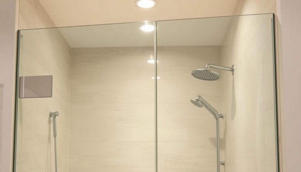 A sleek, modern glass shower enclosure made of crystal-clear, high-quality klarglas. The frameless design features clean, minimalist lines that seamlessly blend into the bathroom's interior. Soft, diffused lighting from above casts a warm, inviting glow, highlighting the glass's natural translucency. The flawless, unblemished surface reflects the surrounding tiles and fixtures, creating a sense of depth and visual interest. The shower door effortlessly glides open and closed, its seamless hardware disappearing into the design. This klarglas enclosure embodies sophistication and timeless elegance, perfectly suited for the discerning homeowner's dream bathroom.