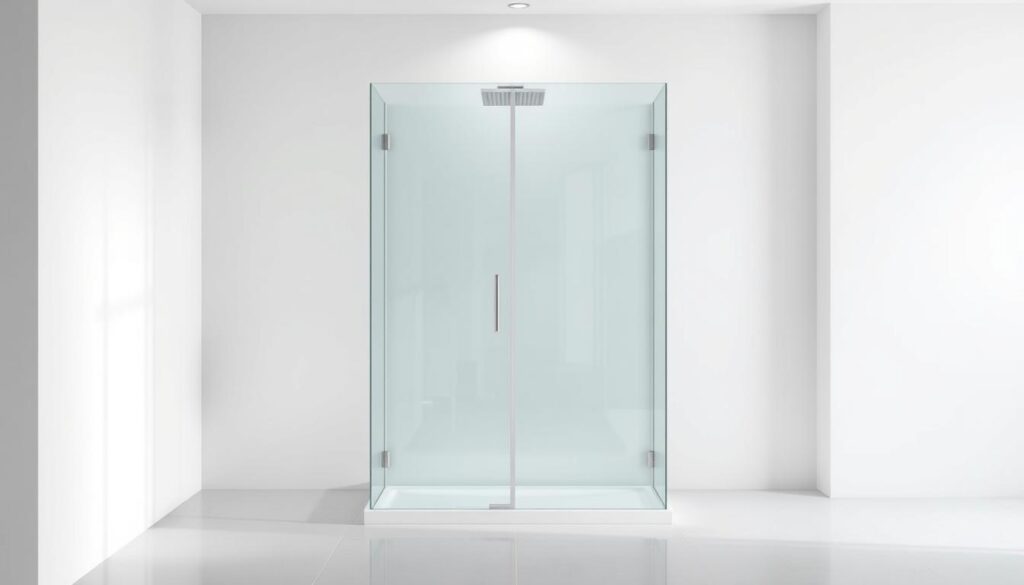 A sleek, modern glass shower enclosure set against a minimalist, contemporary bathroom backdrop. The shower cabin features a clean, frameless design with seamless, crystalline glass panels that refract the light beautifully. The fixture is mounted on a smooth, tiled floor, and the space is illuminated by soft, diffused overhead lighting, creating an atmosphere of serenity and relaxation. The surrounding walls are a crisp, neutral palette, allowing the glass to take center stage as the focal point. Subtle details, such as discreet hardware and a subtle silhouette, contribute to the overall sophisticated and understated aesthetic.
