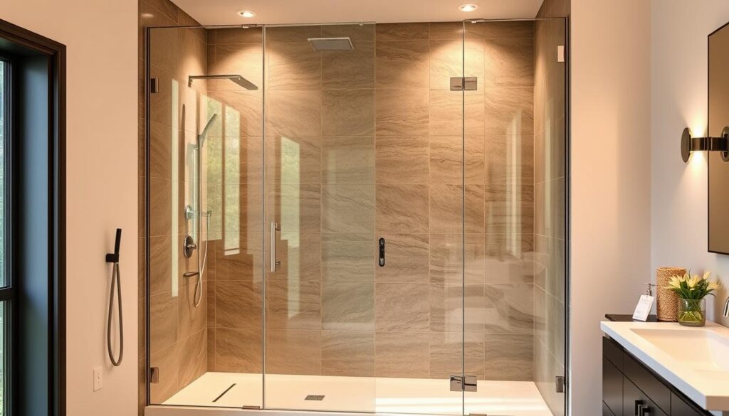 A sleek, modern glass shower enclosure stands in a well-appointed bathroom, its clean lines and transparent panels allowing natural light to flood the space. The duschabtrennung, or shower partition, is expertly crafted, seamlessly integrated into the room's design. The frameless glass panels reflect the tile work and fixtures, creating a sense of depth and openness. Warm, indirect lighting casts a soft glow, highlighting the high-quality materials and attention to detail. The overall effect is one of luxury and sophistication, perfectly suited for a relaxing bathing experience.