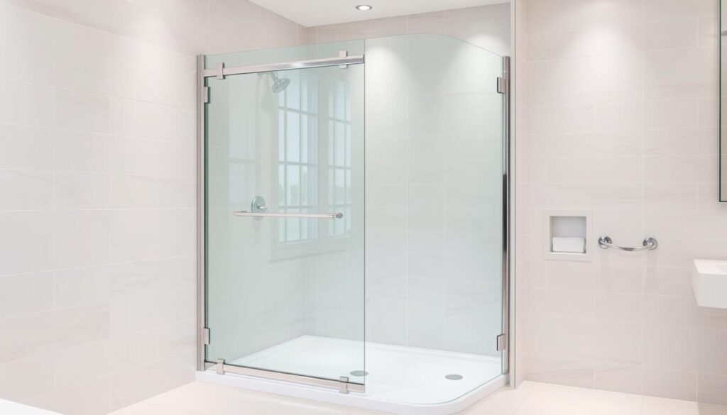 A sleek, modern glass shower enclosure with a minimalist design, set against a clean, bright bathroom backdrop. The transparent panel, framed in polished chrome, seamlessly integrates with the tiled walls and floor, creating a sense of openness and space. Soft, diffused lighting from recessed fixtures casts a warm, inviting glow, accentuating the translucent quality of the glass. The overall composition emphasizes the functionality and aesthetic appeal of this versatile shower solution, suitable for a variety of bathroom styles and sizes.