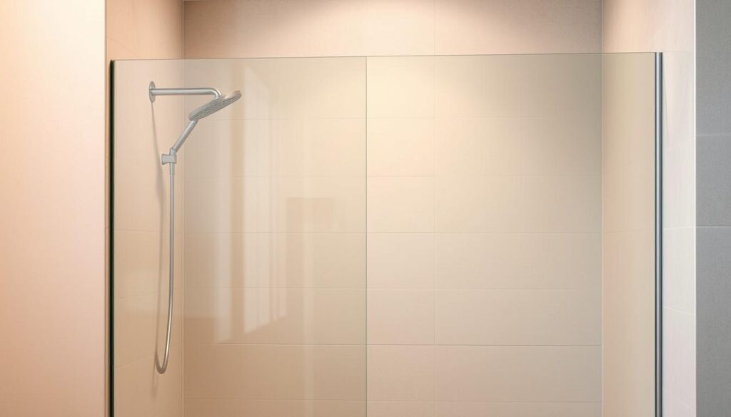 A sleek, modern glass shower wall in a minimalist bathroom setting. The glass pane appears seamless, with a smooth, satin-like finish that refracts light elegantly. The wall is positioned against a backdrop of neutral-toned tiles, creating a clean, sophisticated ambiance. The lighting is soft and diffused, casting a warm glow that highlights the glass's translucency and adds depth to the scene. The composition emphasizes the glass wall's prominent placement, showcasing its versatility as a design element that can be tailored to various styles, from classic to contemporary.