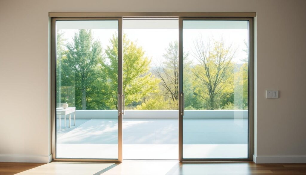 A sleek, modern glass sliding door, framed in a brushed metal track, stands elegantly in a bright, airy room. The transparent panes reflect the natural light streaming in from floor-to-ceiling windows, creating a seamless flow between indoor and outdoor spaces. The door's smooth, effortless motion is highlighted by the precision engineering of the hardware, blending form and function seamlessly. Subtle detailing, such as discreet handles or a minimalist profile, emphasizes the door's high-quality construction and premium aesthetic. The overall scene conveys a sense of sophistication, highlighting the versatility and beauty of a glass sliding door as a centerpiece of contemporary interior design.