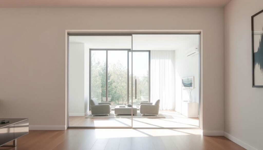 A sleek, modern glass sliding door in a bright, airy room. The door's tempered glass panel glides smoothly on a minimalist metal track, allowing an unobstructed view into the adjoining space. Sunlight streams through the large window, casting a warm glow on the polished glass surface. The door's clean, minimalist design complements the contemporary decor, creating a seamless, elegant transition between the living areas. High-quality chrome hardware accents the door, adding a touch of refined sophistication. The scene exudes a sense of openness, brightness, and sophisticated style, perfectly capturing the material and design diversity of modern sliding door solutions.