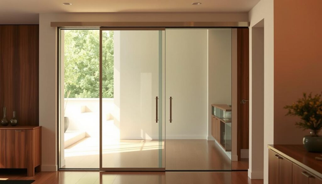 A sleek, modern glass sliding door in a high-end residential interior. The frameless, tempered glass panel glides effortlessly along a discreet track, allowing for a seamless flow between rooms. Warm, natural lighting filters through the transparent surface, casting a soft glow and accentuating the material's premium quality. The minimalist design blends harmoniously with the surrounding wooden furnishings, creating a cohesive, sophisticated aesthetic. The high-quality hardware, such as stainless steel handles, complement the overall premium look and feel. A perfect balance of form and function, this glass sliding door embodies the essence of contemporary, elegant living.