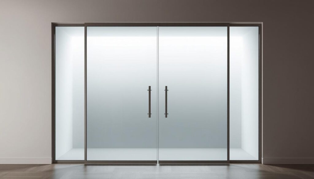 A sleek, modern glass sliding door in a minimalist interior. The glass panels have a smooth, tinted surface that reflects the surrounding light, creating a sense of depth and openness. The door is framed by a slim, metallic structure, adding a touch of industrial elegance. The lighting is soft and diffused, casting a warm glow on the glass and creating a cozy, inviting atmosphere. The scene is set against a neutral, muted background, allowing the glass door to take center stage as the focal point of the room. The overall impression is one of refined sophistication and timeless design.