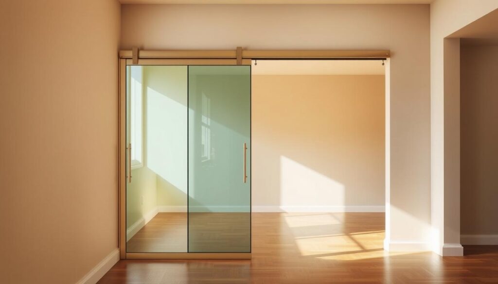 A sleek, modern glass sliding door in a well-lit, minimalist interior. The glass panels are frameless, allowing for a seamless, unobstructed view. Subtle metal hardware in a brushed silver finish accents the clean design. The door slides effortlessly on a robust, high-quality track system, offering smooth, quiet operation. Warm, natural lighting filters through the glass, creating a bright, airy atmosphere. The surrounding walls are painted in a neutral, calming color palette, allowing the glass door to be the focal point. The floor is a polished hardwood, complementing the modern aesthetic. Overall, the image conveys a sense of sophisticated, bespoke style and impeccable craftsmanship.