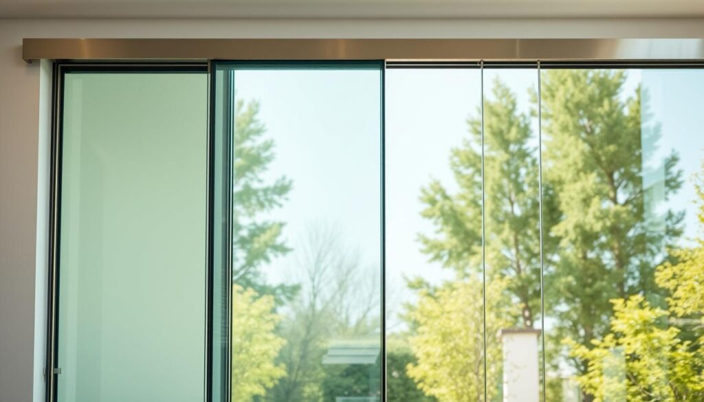 A sleek, modern glass sliding door, its transparent panes reflecting the surrounding environment. The frame is crafted from high-quality, polished aluminum, giving it a smooth, sophisticated appearance. Sunlight streams through the glass, creating a warm, inviting atmosphere. The door slides effortlessly along a concealed track, seamlessly integrating into the architectural design. The glass panels are tempered for durability and safety, ensuring a secure and reliable entryway. The overall aesthetic blends minimalism and functionality, creating a stunning focal point that enhances the interior space.