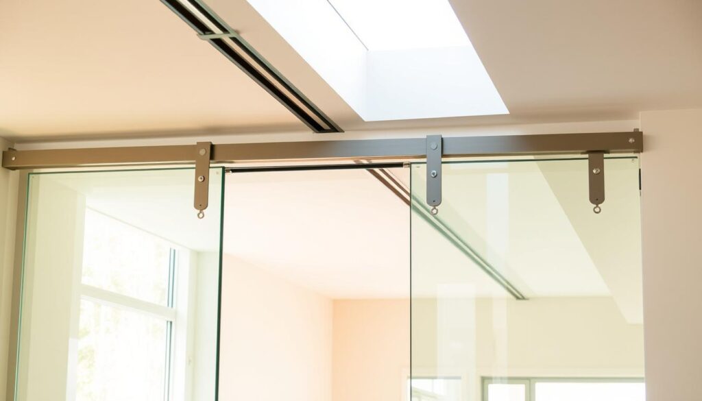 A sleek, modern glass sliding door system bathed in natural light, suspended from a minimalist ceiling track. The tempered glass panels reflect the surrounding space, creating an illusion of openness and transparency. Crisp, clean lines and a smooth, seamless operation evoke a high-end, contemporary aesthetic. Subtle metallic accents in a brushed silver or matte black finish complement the glass, striking a balance between industrial chic and refined elegance. The door system is positioned in a bright, airy room with warm, diffused lighting, highlighting the material's inherent beauty and allowing it to harmonize with the overall interior design.