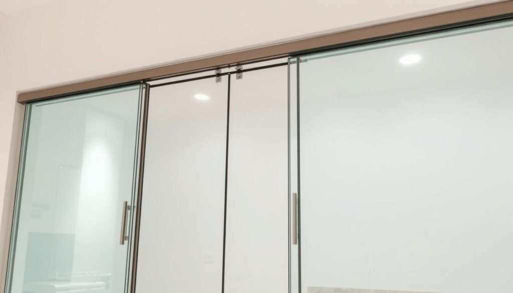 A sleek, modern glass sliding door system showcased in a well-lit interior. The door panels glide effortlessly on concealed tracks, seamlessly transitioning between open and closed positions. Minimalist metal frames accentuate the glass, creating a clean, sophisticated aesthetic. The lighting casts soft, even illumination, highlighting the translucent quality of the glass and the precise engineering of the hardware. Smooth, precise movements of the doors demonstrate their high-quality construction and user-friendly operation. The overall scene conveys a sense of elegant simplicity, showcasing the technical and design elements that make these customizable glass sliding doors an excellent choice for modern living spaces.